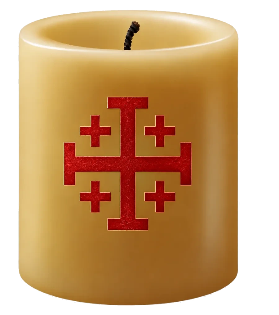 A candle bearing the Jerusalem Cross, lit once an intention is offered